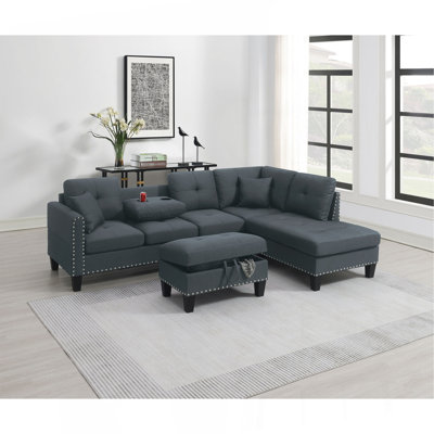 Living Room Furniture 3-PCS Sectional Sofa Set LAF Sofa RAF Chaise And Storage Ottoman Cup Holder Linen-Like Fabric Couch