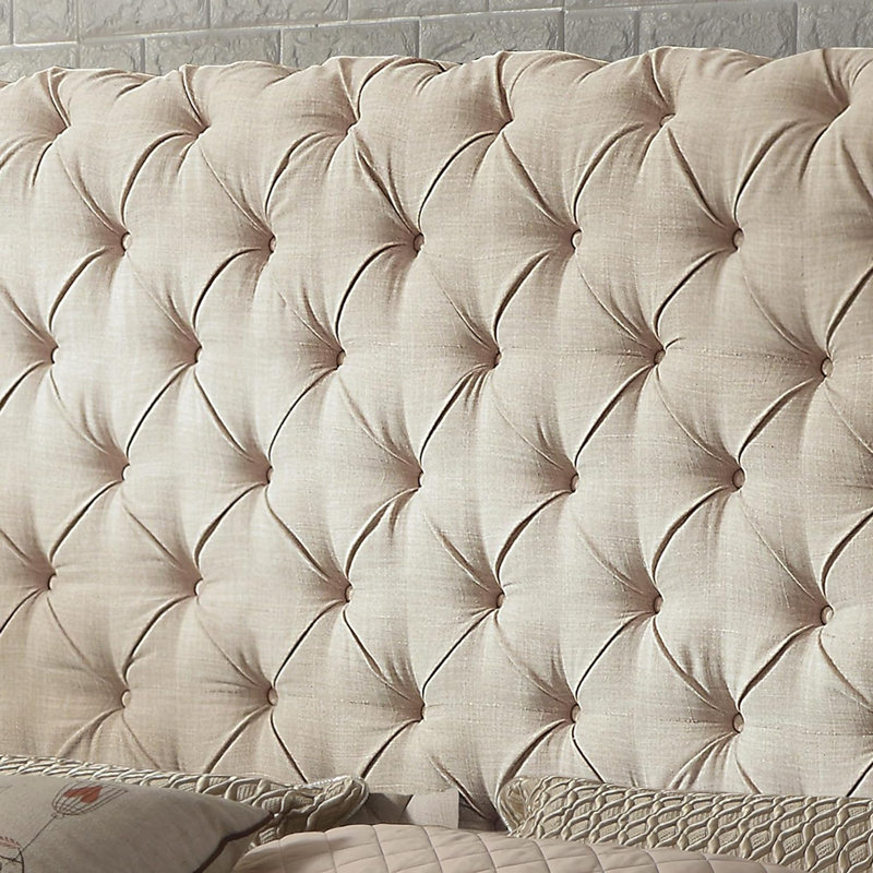 Lit tapissier en tissu, base de lit à hauteur réglable capitonnée, Beige, Très grand lit