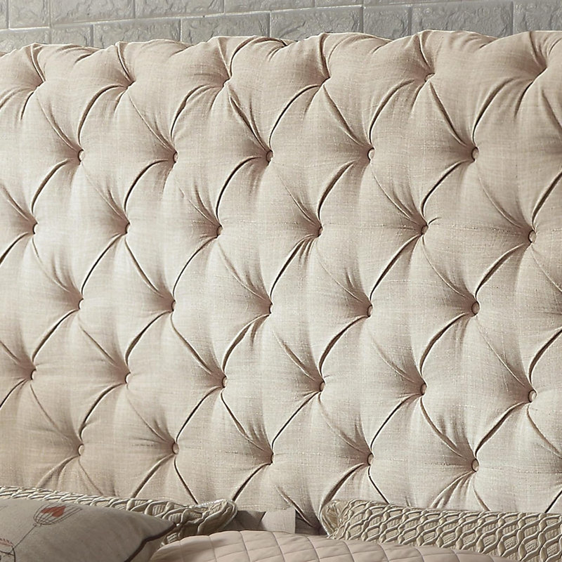 Lit tapissier en tissu, base de lit à hauteur réglable capitonnée, Beige, Lit simple