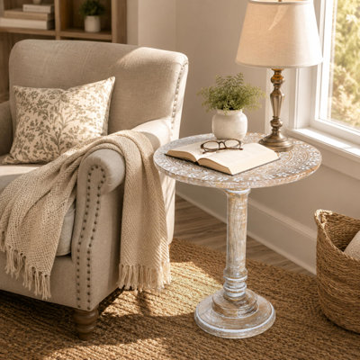 Solid Wood End Table, Whitewash Mandala Round Side Table for Bedroom