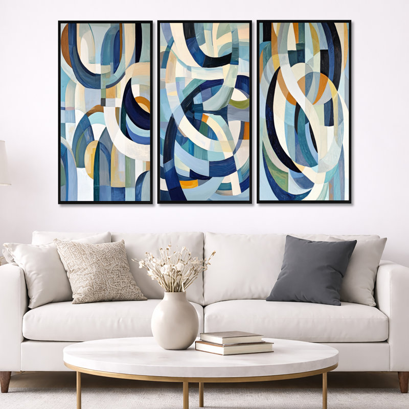 «Cubist White Blue Reality I», art géométrique abstrait encadré, 3 pièces, 40" H x 60" W, Black Floater Framed
