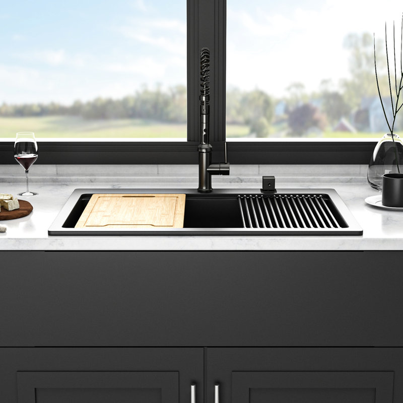 Évier de cuisine encastré en quartz 33 po x 22 po, fabriqué en quartz, élimine le bruit, la surface dure et anti-rayures, est livré avec des accessoires d'installation en pierre épaisse pour le calme, surface poreuse