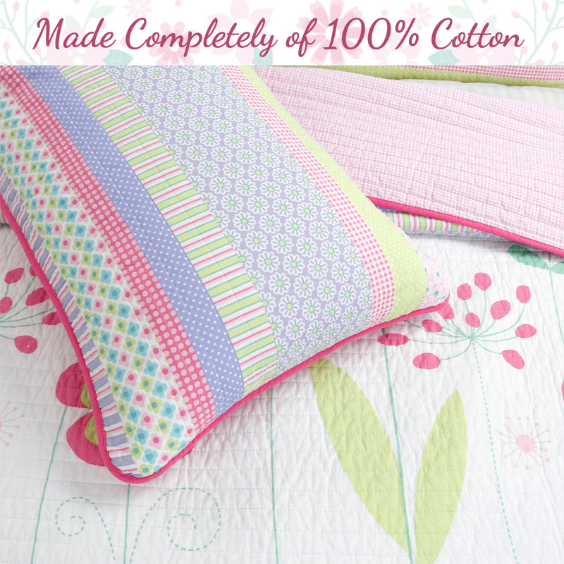 Pink Floral Cotton Reversible Twin Quilt Set with Decorative Pillows