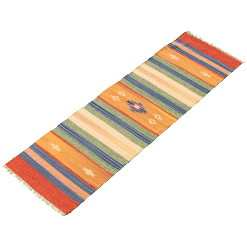 Tapis de couloir oriental en laine Kilim fabriqué à la main cuivre / vert / beige