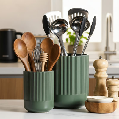Ensemble de 2 ustensiles de cuisine en céramique vert, 7,4 + 5,5 pouces, pots de rangement de comptoir de grande capacité, design moderne et minimaliste, convenant à l'organisation de casseroles, poêles, cuillères et autres ustensiles de cuisine.