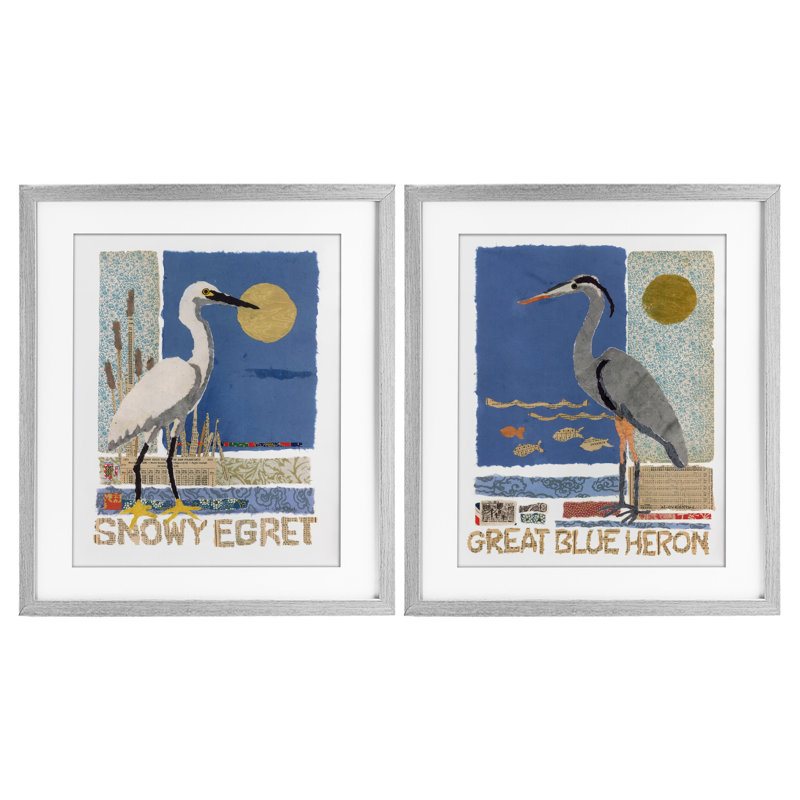 «Snowy Egret & Great Blue Heron», ensemble de 2 reproductions encadrées sous verre, par Nancy Overton, H 16 po x l 13 po