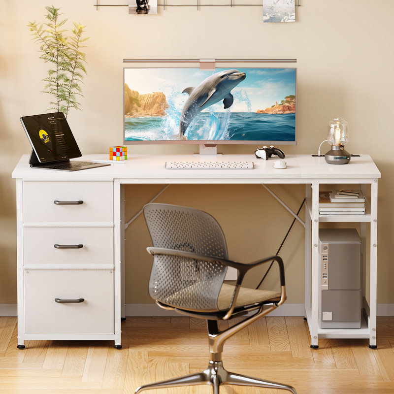 Bureau d'ordinateur l 51 po réversible avec prises encastrées, bureau à domicile avec 3 tiroirs en tissu, bureau d'écriture avec tablettes de rangement