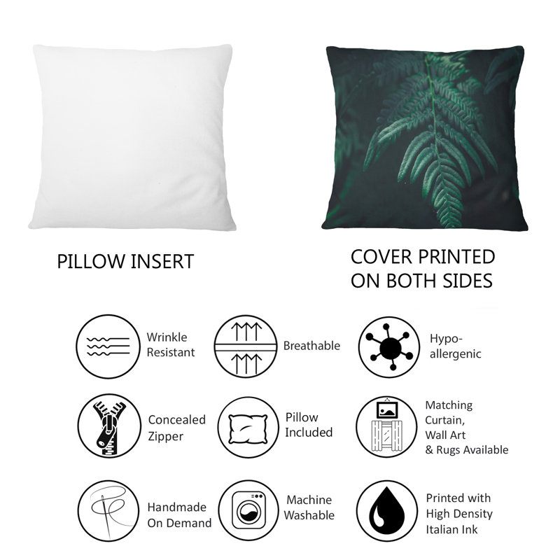 Coussin décoratif imprimé de feuilles de fougère vert foncé foncé sur fond noir V-1