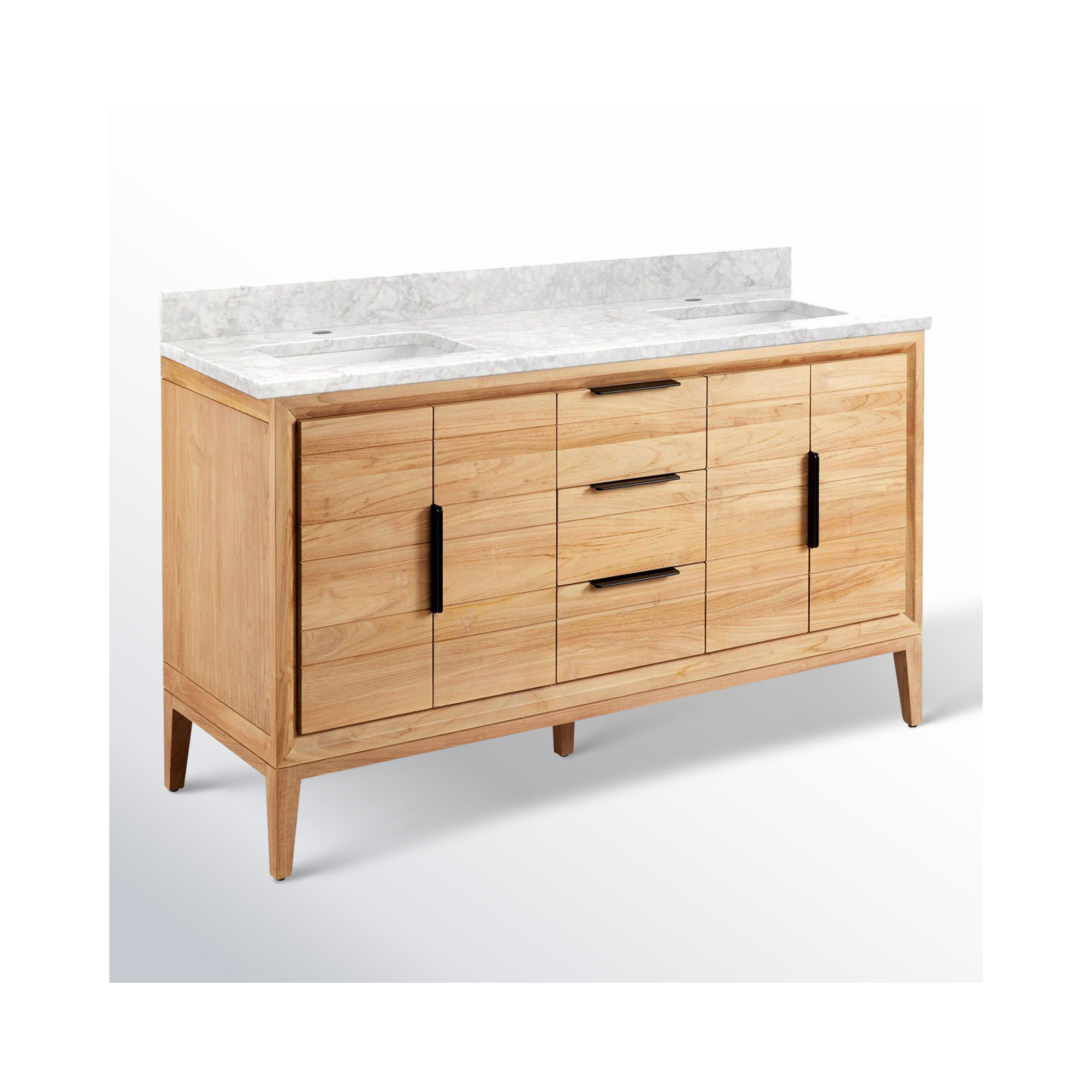 Aliso 60" Double Bathroom Vanity, Carrara Marble, Natural Teak, Single-Hole Centered