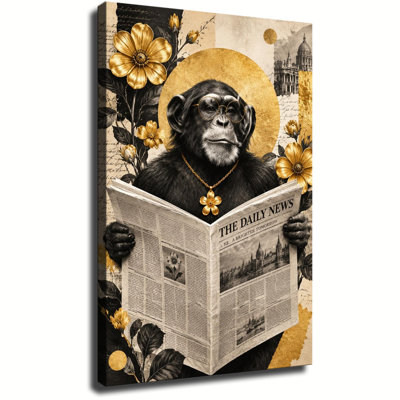 Black White Chimpanzee Reading Newspaper On Toilet Canvas Wall Art