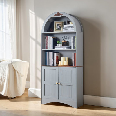 71" Arched Storage Cabinet with Adjustable Shelves, Freestanding MDF Pantry Cabinet with Doors & Open Display Shelf for Dining Room, Living Room & Kitchen