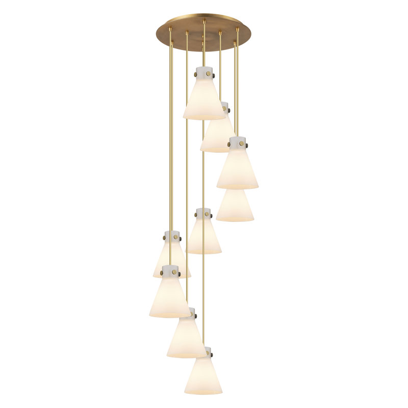 Luminaire suspendu grappe 9 lumières Amrith, Laiton brossé, Blanc