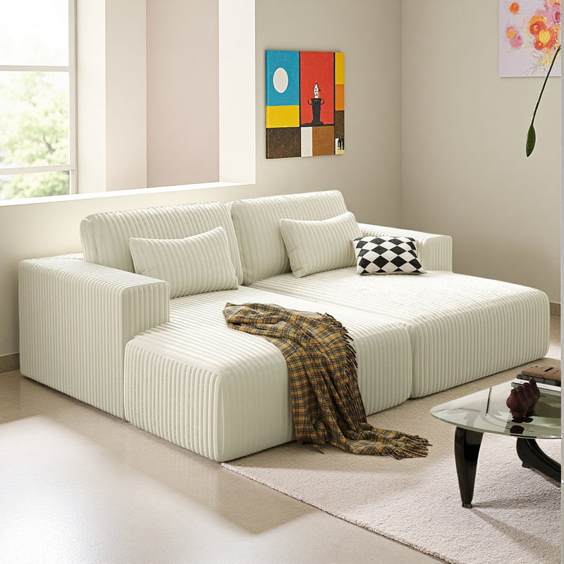 Corduroy Sofa Couch, Sofa Bed with 2 Pillows, White