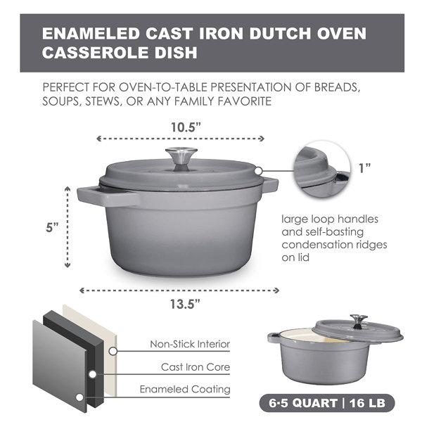 Bruntmor 6.5 Quart Enameled Cast Iron Dutch Oven Casserole Dish Sky Blue
