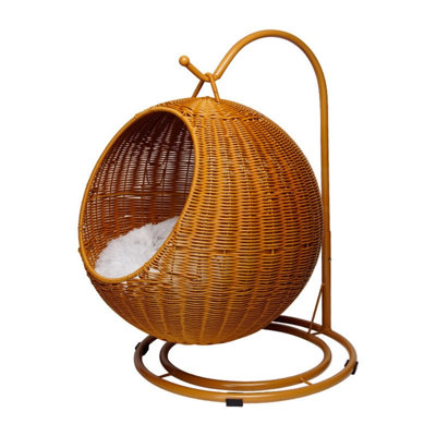 Wicker Hanging Cat Bed, Rattan Style Igloo Cat House with Removable Cushion, Elevated Round Pet Nest for Cats and Small Dogs