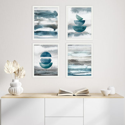 " Framed Prints Bedroom Bathroom Home Decor Geometric Pastel Teal Semi Circles Abstract Shapes " 4 - Pieces