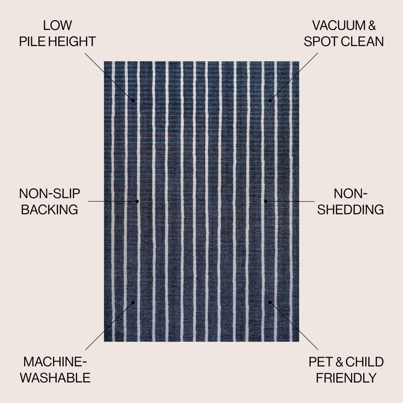 Rand Distressed Ticking Stripe Machine-Washable Navy/Gray Rug, Rectangle 2'11" x 5'