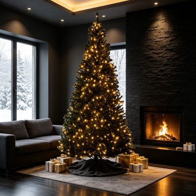 Sapin de Noël artificiel noir 7,5 pi pré-éclairé avec 500 lumières à DEL blanc chaud et 1346 extrémités de branches réalistes avec support en métal pliable et stable pour la décoration des fêtes