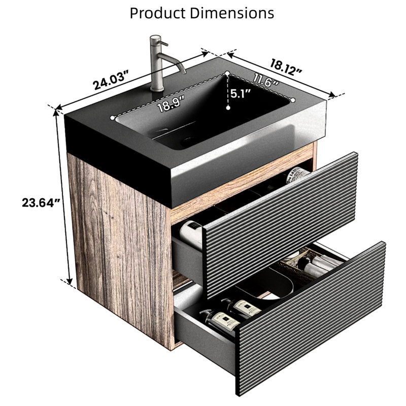 Meuble-lavabo mural 24 po, tiroirs noirs doux, lavabo à quartz noir mat, 2 tiroirs, Black