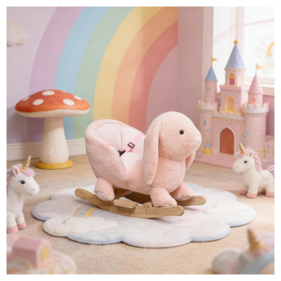 Lapin rose en bois avec siège à bascule et structure en acier