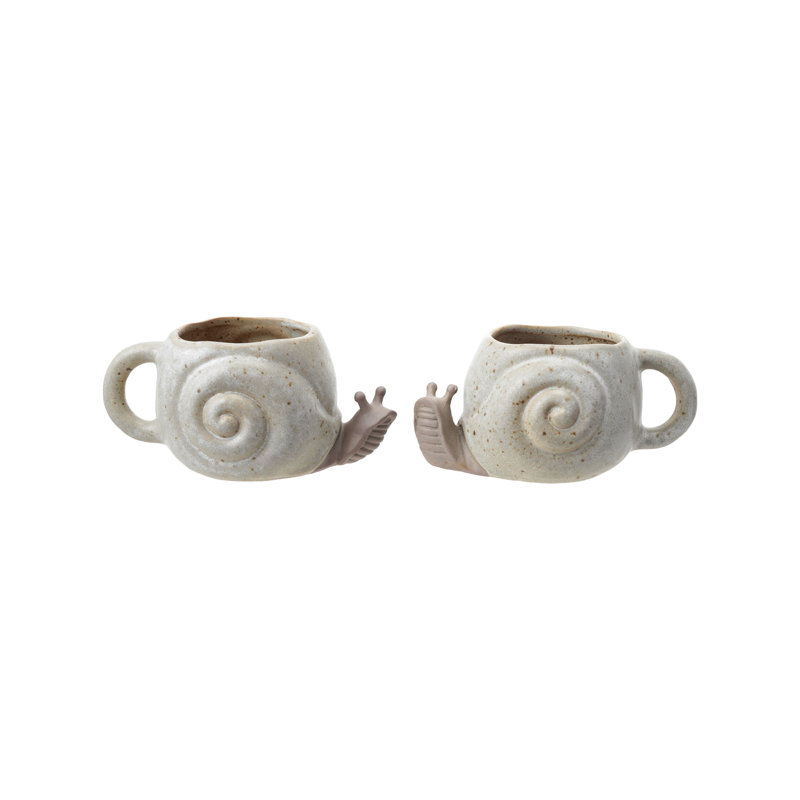 2-Piece Stoneware Snail Shaped Left Handed/Right Handed Mug With Reactive Glaze, Speckled Cream Colour And Brown