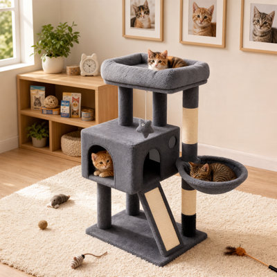 Arbre à chat 36 po, maison de chat avec chaton, poteau à griffer en sisal et rampe