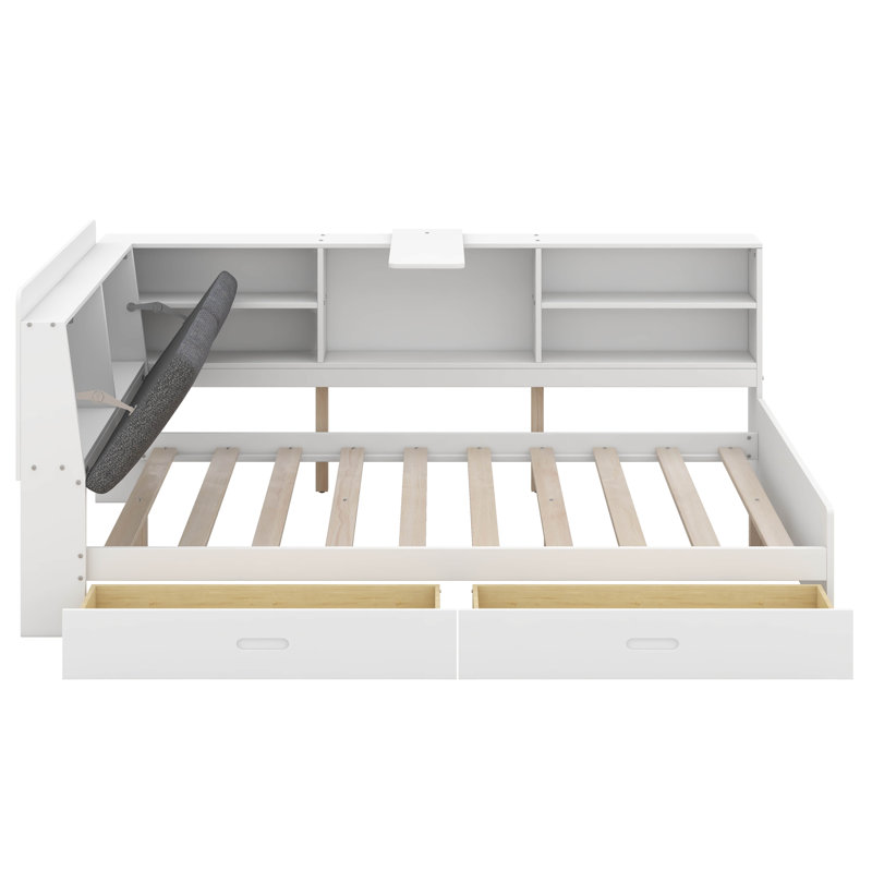 Base de lit plateforme avec tête de lit cachée, support rotatif, bibliothèque latérale et 2 tiroirs, Blanc