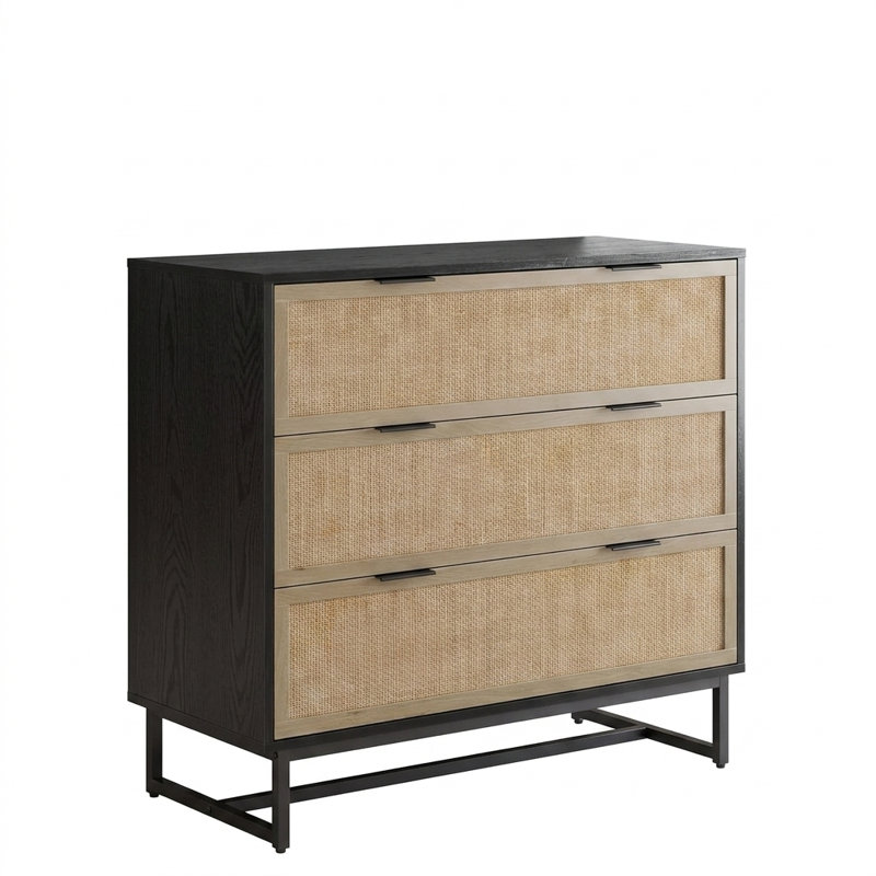 Rattan Dresser For Bedroom, 37.2" Wide 3 Drawer Dresser With Metal Handles, Wood Storage Dressers & Chests Of Drawers For Hallway, Black