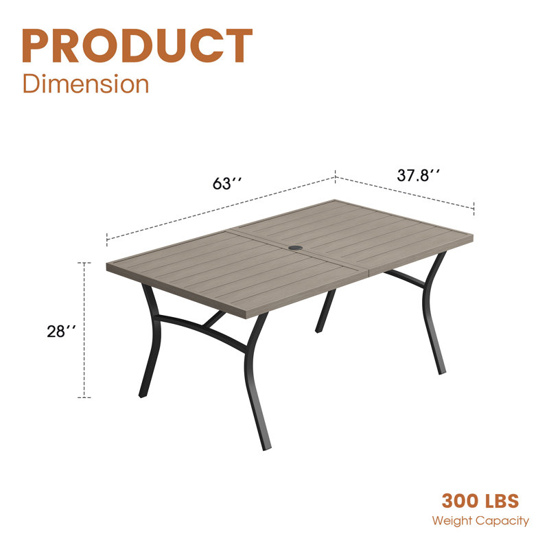 70.9" Rectangular Outdoor Dining Table with Umbrella Hole, Sandshell, 28" H x 70.9" W x 37.8" D