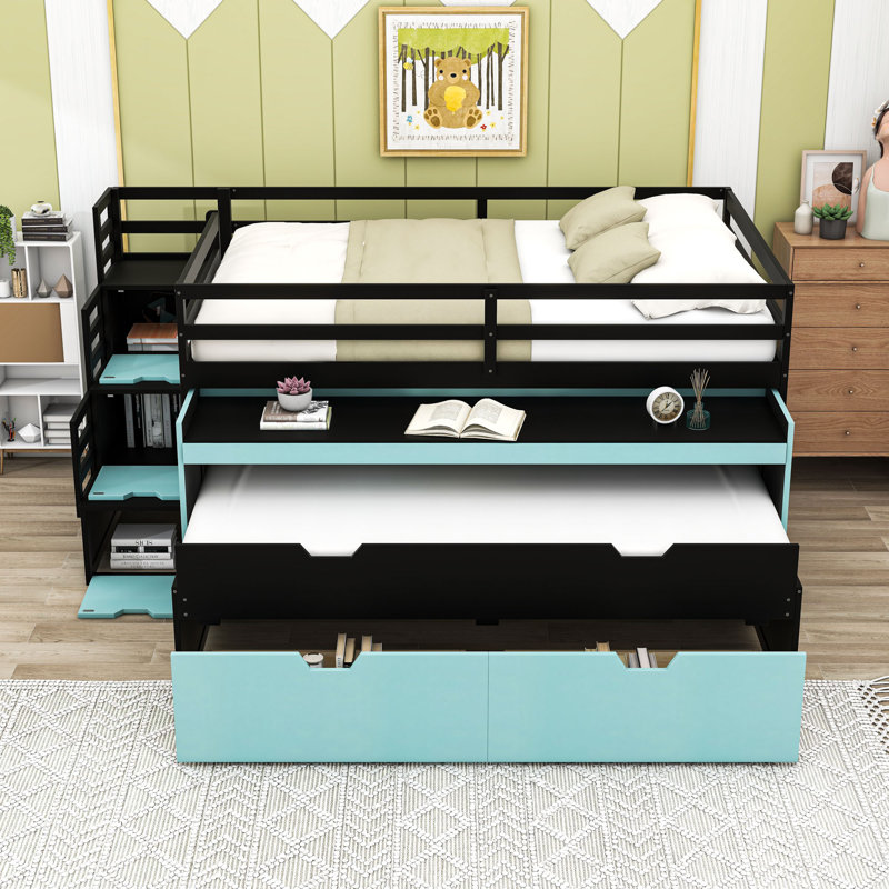 Lit mezzanine avec poste de travail, lit gigogne simple et tiroirs de rangement, Full XL, Black Blue