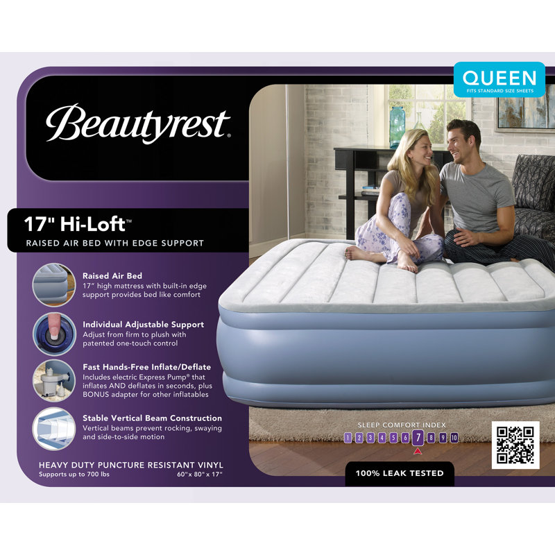 Beautyrest HiLoft Raised Inflatable Air Mattress, Portable Pump, Puncture Resistant Vinyl, Guest Bed, Queen