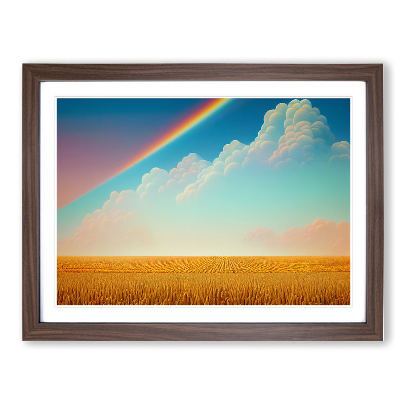 Rainbow Above A Wheat Field - Single Picture Frame Print, 46cm H x 64cm W x 2cm D, Walnut