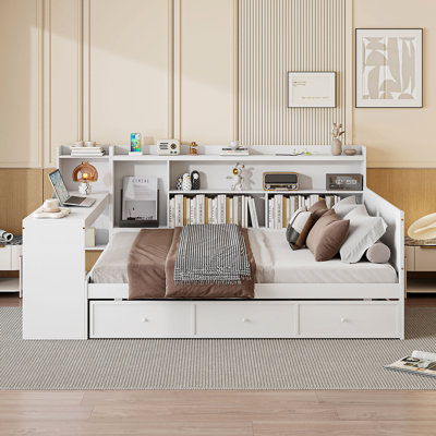 Lit de jour en bois blanc avec bureau pratique et 3 tiroirs pour l'organisation de la chambre à coucher