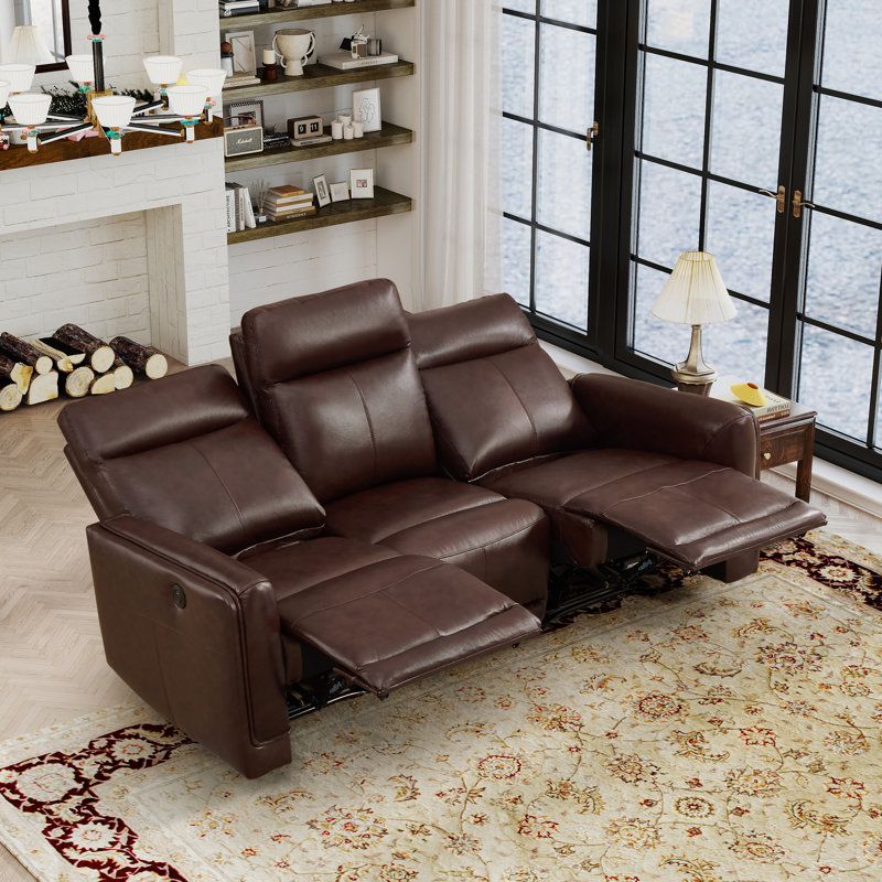 82"Wide Modern Skin-friendly Genuine Leather Power Reclining Sofa with USB & Type-C, Espresso Brown