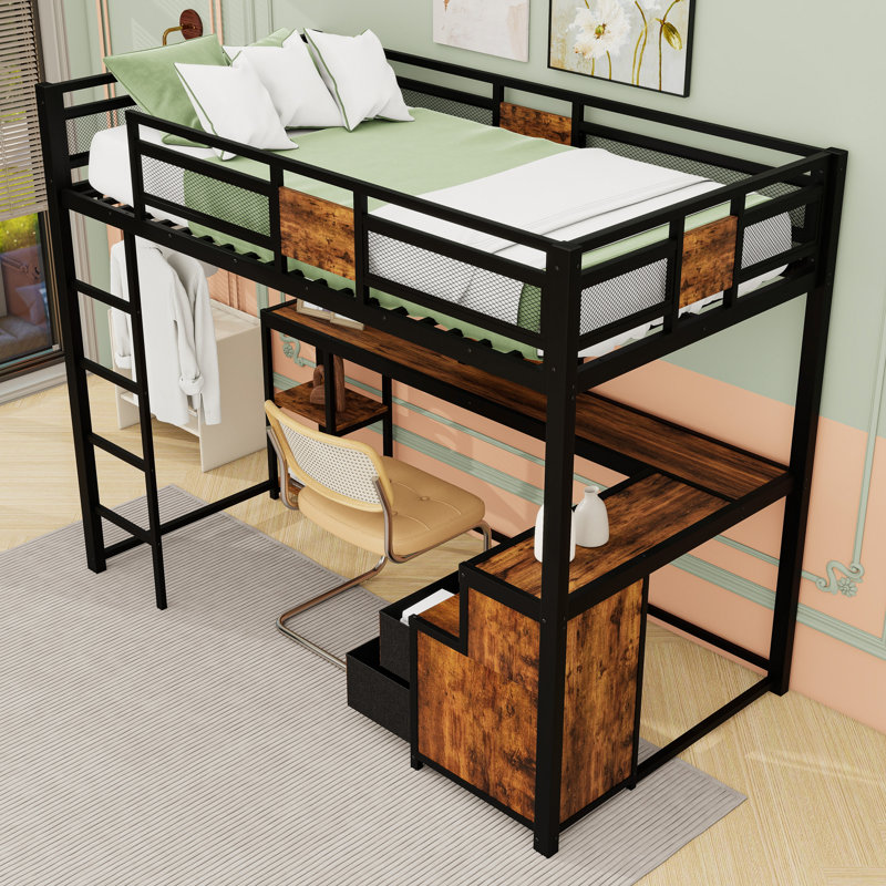 Lit mezzanine simple en métal avec bureau intégré et 2 tiroirs