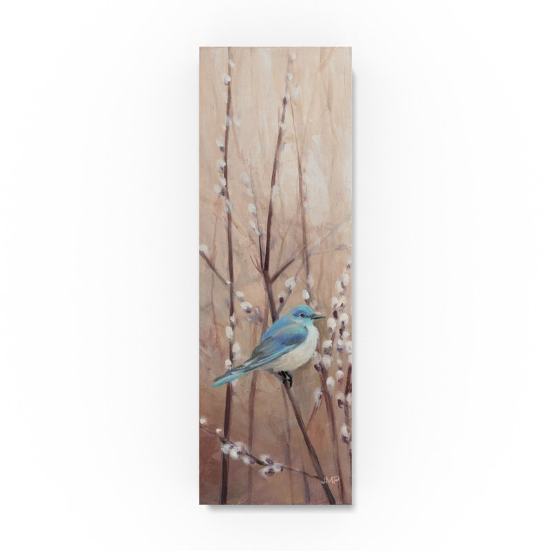 Blue Bird on Branch Framed Canvas Art, 10" x 32"