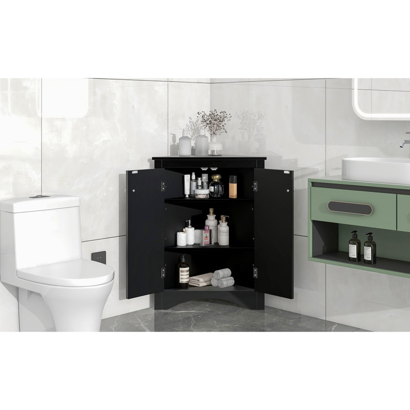 Armoire de plancher noire triangulaire avec tablettes réglables, économise de l'espace pour garder vos objets bien organisés