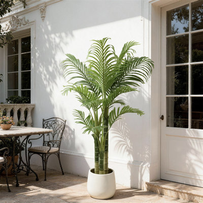 Artificial Palm Tree with White Planter, Large Fake Plants Golden Cane Palm Tree Plastic Tall Areca Palm in Pot for Indoor Outdoor Home Office Living Room Decor