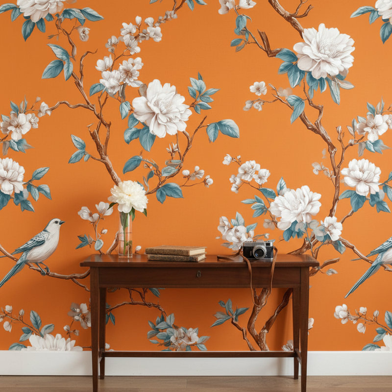 Papier peint floral, oiseau, décoration murale orange