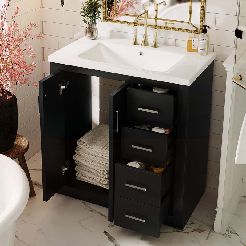 Meuble-lavabo autoportant avec rangement abondant et conception durable, Noir, H 34 po x l 30 po x P 18 po