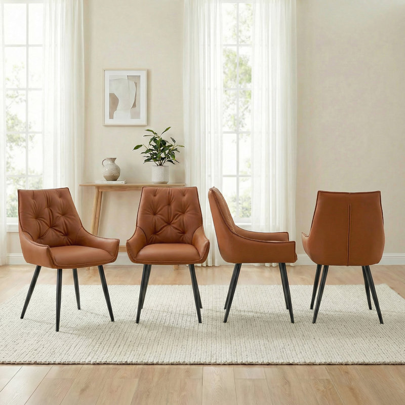 De 4 chaises de salle à manger en similicuir brun clair, chaises de cuisine en métal avec motif en maille dorée, pieds en fer noir, mousse haute, ergonomique, imperméable et Scratch- 4, maille revêtue d'unité centrale moderne, dossier plat sablé,