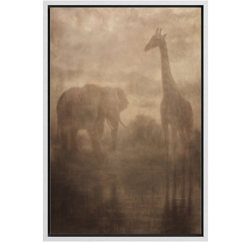 «Soft Safari Silhouettes of Elephant and Giraffe», reproduction d'art sur toile encadrée dans la chambre principale, Blanc