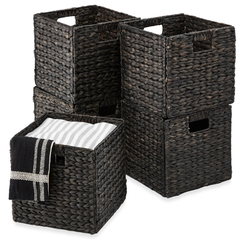 Hyacinth Storage Baskets, 5 Multipurpose Collapsible Organizers w/ Inserts, 13" H x 13" W x 13" D, Black