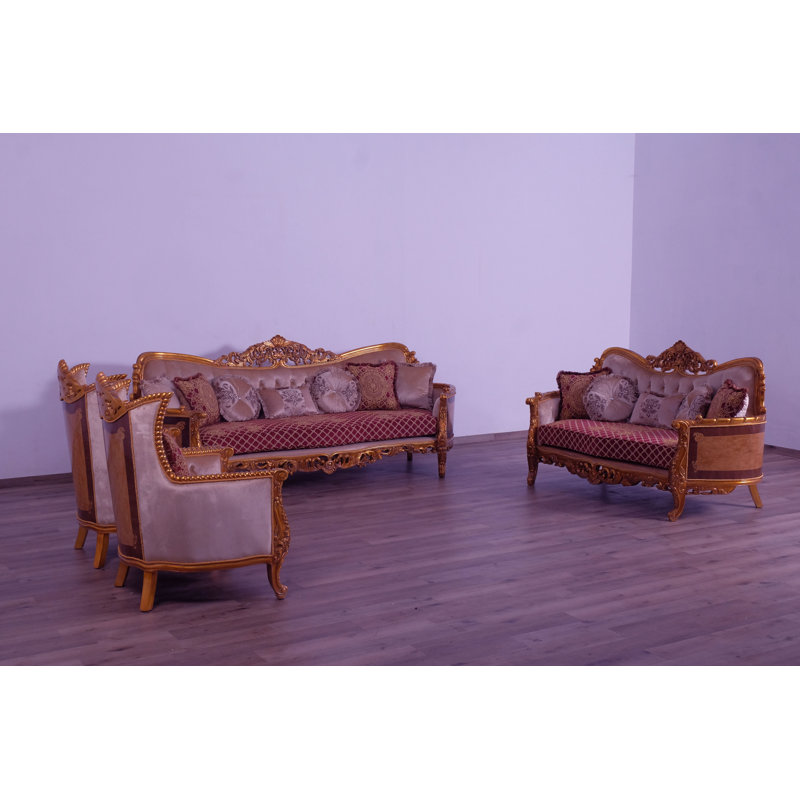 3 Piece Modigliani Sofa Red Gold Fabric, Red Burgundy/Gold