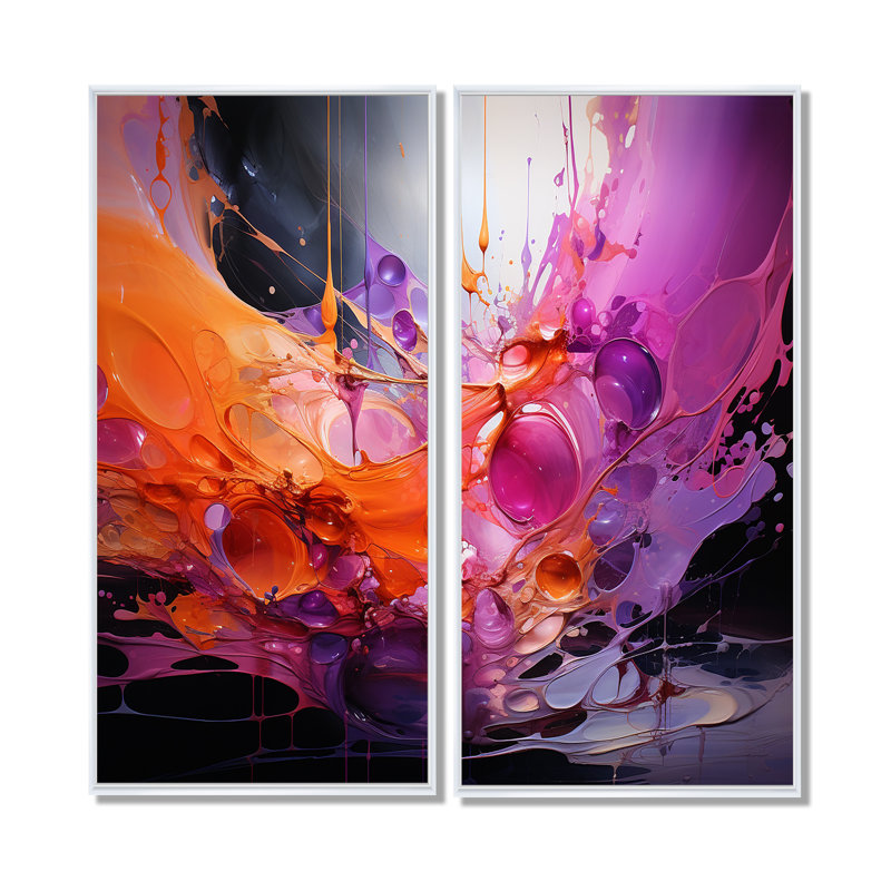 Collage abstrait orange mauve à motif de fractales - décorations murales orange 2 pièces, H 32 po x l 32 po, Blanc