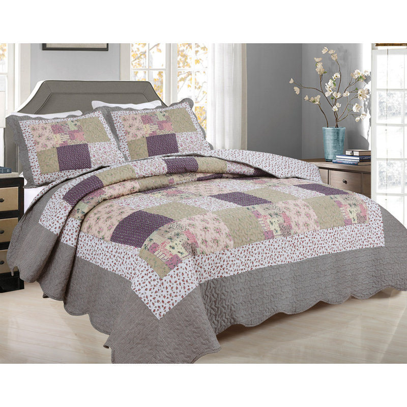 Ensembles de courtepointe réversible de qualité supérieure à imprimé patchwork gris traditionnel (deux ou trois pièces)