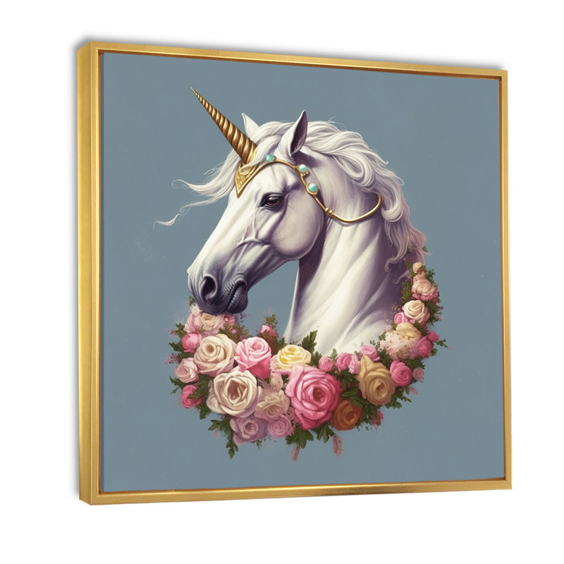 Licorne dans une couronne de fleurs - reproduction sur toile, Cadre flottant doré, H 24 po x l 24 po