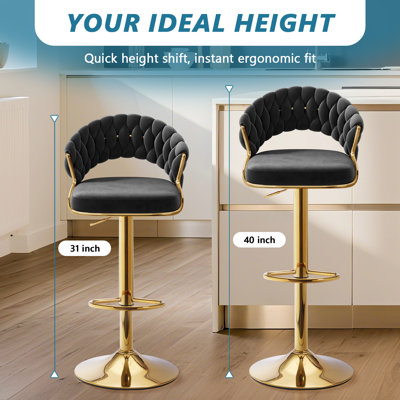Velvet Swivel Bar Stools Set of 2, Modern Gold Barstools with Woven Back