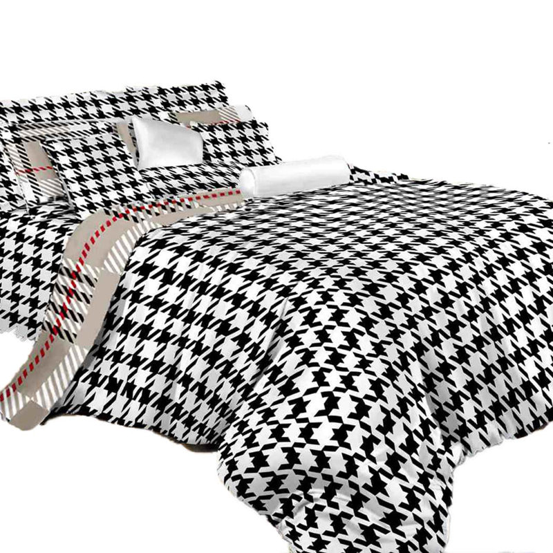 Twin XL Black and White Cotton Houndstooth Duvet Cover Set