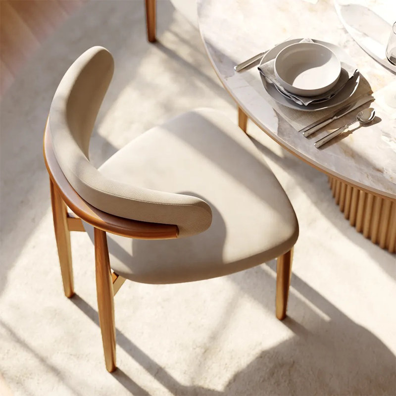 Mid-Century Modern Beige & Light Walnut Wood Dining Chairs, Upholstered Cotton Linen Wood Dining Chair Side Chair, Fully Assembled
